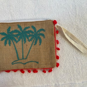 Embrague bordado de cocotero Burlap Pom Pom, bolso clutch Burlap, billetera Burlap Pom Pom, embrague Pom Pom Tote, pulsera Pom Pom, Boho rústico