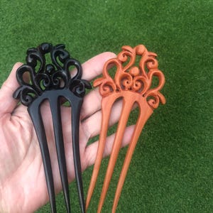 3 Prongs Baroque Victorian Filigree Wood Hair Fork/Wood Hair Stick/Wood Shawl Pin/Wood Hair Pick.Victorian Wood Hair Jewelry.Dark Brown. NEW