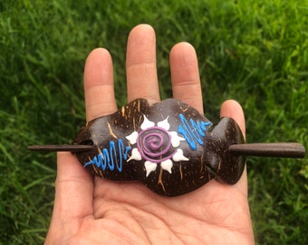 HAND PAINTED  Blue Purple White  FLOWER Coconut Shell Wood Hair Barrette/Hair Pin/Clasp/Clip/Hair Slide.Coconut Shell And Wood Barrette.New