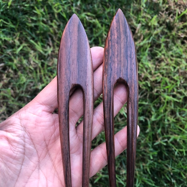 Set of 2:Two Prongs REVERSIBLE Classic Simple Wooden Wood Hair Fork,Wood Hair Pin.Wood Hair Pin Wood Hair Stick, Dark Brown Wood.STURDY.NEW