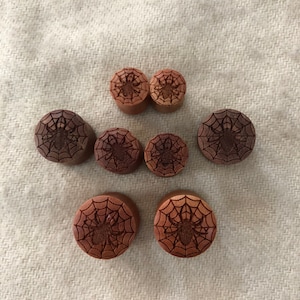 A PAIR Of Laser Cut SPIDER WEB Wood Plugs.Sizes /Gauges (0G-00G-1/2&quot; Inch-9/16&quot;.Laser Engraved.Wood Burned.Laser Cut Wood Ear Plugs.Handmade
