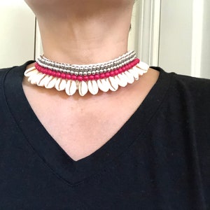 Adjustable Cowrie Shell Necklace. Cowrie Shell  Choker/Cowrie Anklet/Ankle Cuff/Upper Arm Bracelet.Silver Red Glass Beads.White Crochet.NEW