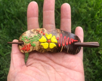 Hand PAINTED Red Yellow Green Multi Color FLOWER Coconut Shell Wood Hair Barrette/Hair Pin/Hair Clasp Hair Slide.Coconut Shell Wood Hair Pin