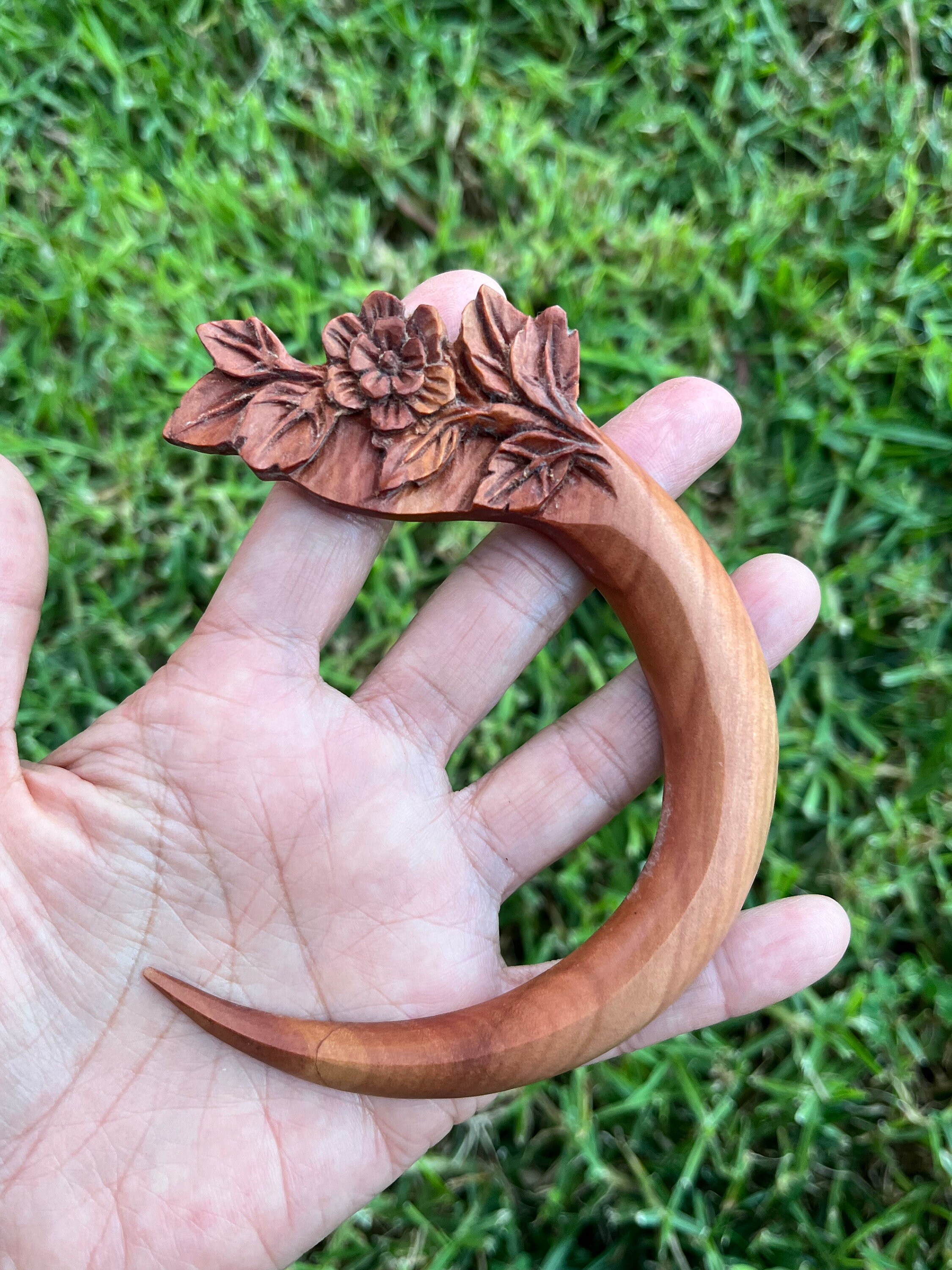 CURVED Crescent MOON Wood Hair Fork With Flower.wooden Moon