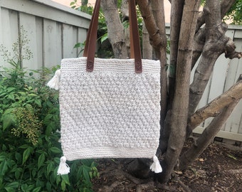 Cotton Knitted Crochet Shoulder Bag.Bag With Tassel.Crochet Purse,Handmade Crochet Tote Bag.Hand Woven Hobo Bag.Brown Faux Leather Strap.New