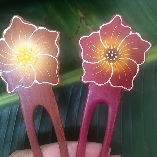 Lot of 2:Two Prongs Hand Painted Flower Wood Hair Stick/Wood Hair Pick/Wood Hair Fork/Pin. Wood Two Prong Hair Pin.Painted on Both Sides.NEW