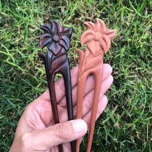 Two Prongs FLOWER Wood Hair Fork,Flower Wood Hair Stick,Flower Wood Hair Pin.Flower Wood Shawl Pin.Handmade Hand Carved Hair Fork.STURDY.NEW