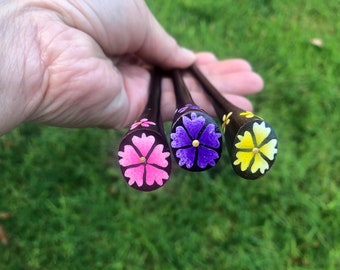Set of 3:Single Prong Hand PAINTED FLOWER Wood Hair Stick-Painted Flower Wood Hair Pin Flower Hair Fork Pick.Pink Purple Yellow Flower.NEW