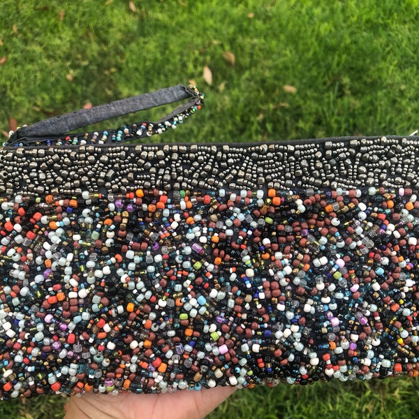 Silver Multi Color Beaded Clutch ,Multi Color Beaded Wallet Purse, Wedding Clutch Bag, Party Clutch Purse, Evening Beaded Clutch,Large, New