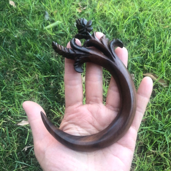 CURVED  Half Moon Crescent MOON Wood Hair Fork With FLOWER.Curved Half Moon Crescent Moon Wood Hair Stick Barrette With Flower.Medium.New