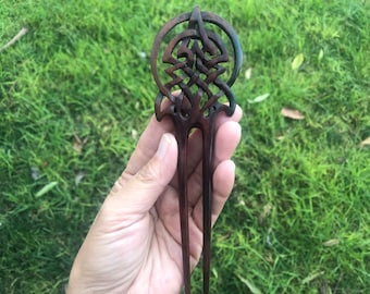 Two Prongs Hand Carved Celtic Tree Of Life Wooden Wood Hair Fork/Wood Hair Pin/Wood Hair Stick/Hair PickDark Brown Rose Wood.Sturdy.NEW
