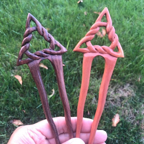 Two Prongs TRIANGLE CIRCLE CELTIC Triquetra Celtic Trinity Knot Wood Hair Fork/Wood Hair Pin/Celtic Wood Hair Stick/Hair Pick.Handmade.New