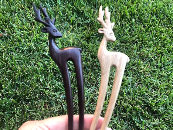 Two Prongs/2 Prongs  Reindeer Wooden Wood Hair Fork.Reindeer Wood Hair Stick. Reindeer Wood Hair Pin Hair Barrette.Haarschmuck.Handmade.NEW