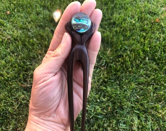 Witch Crystal Ball And Two Hands Wood Hair Fork/Wood Hair Pin/Hair Stick ABALONE SHELL Inlay.Crystal Ball Wood Shell Hair Accessories.New