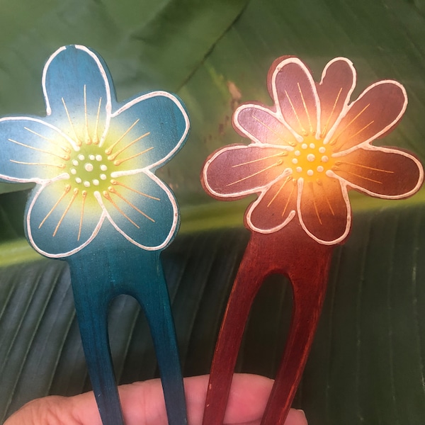 Lot of 2:Two Prongs Hand Painted Flower Wood Hair Stick/Wood Hair Pick/Wood Hair Fork. 2 Prongs Wood Hair Pin.Painted on Both Sides.NEW