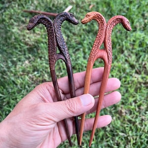 SNAKE Wood Hair Fork/Snake Hair Pin-Witchy Wiccan High Priestess-Serpent Carved Wood Hair Stick-Pagan Medusa Tribal.Two Snakes.DOUBLE SIDED