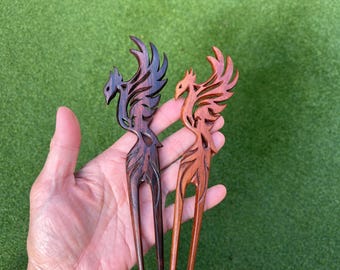 Two Prongs PHOENIX BIRD Wooden Wood Hair Fork.Wood Hairpin Hairstick, Haarstab Holz,Phoenix BIRD Wood Hair Stick Pin,Gothic Hair Accessories
