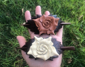 Two Colors ROSE FLOWER Wood Hair Barrette,Rose Flower Wood Hair Slide, Rose Flower Wood Hair Clip.Rose Flower Wood Shawl Pin.Handmade.NEW