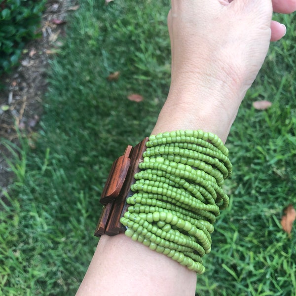 One Size Adjustable  Multi Strand Multi Layer Stretchy Green Lime GREEN GLASS Beaded Bracelet-Cuff Bangle Wooden Clasp Closure.Boho Hippie.