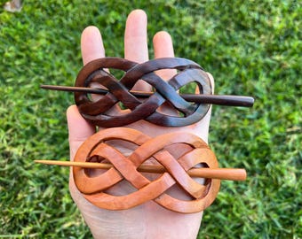 Carved Wooden Wood CELTIC Infinity Loop Hair Barrette/Hair Slide/Hair Pin/Clip/Clasp.Celtic Knot Wood Hair Stick/Hair Pick.Dark Brown.NEW