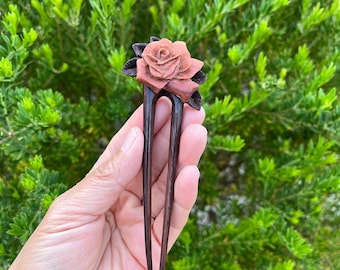 SALE:Two Prongs Two Colors  ROSE FLOWER Wood Hair Pin,Wood Hair Stick.Rose Flower Wood Hair Fork,Rose Flower Wood Hair Accessories.Short.New