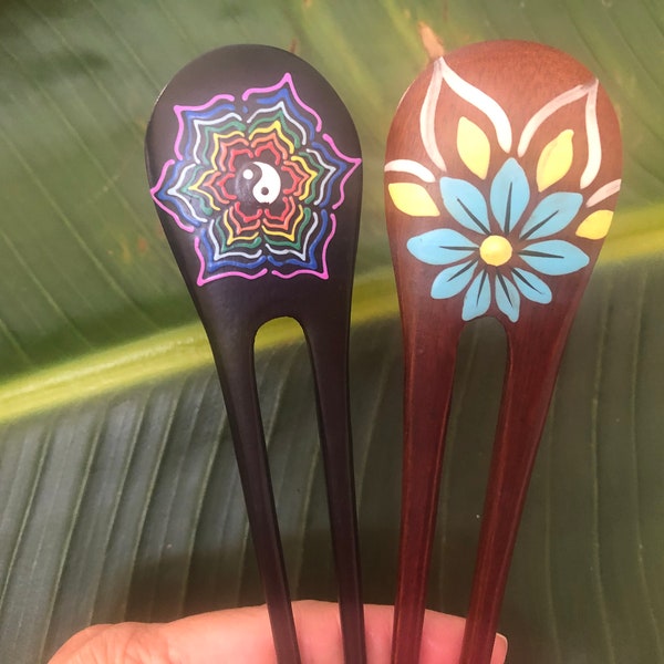 Lot of 2:Two Prongs Painted Flower Wood Hair Fork. Painted Yin Yang Wood Hair Fork. Wood Hair Stick Pin .Wood Carving Hair Accessories.NEW