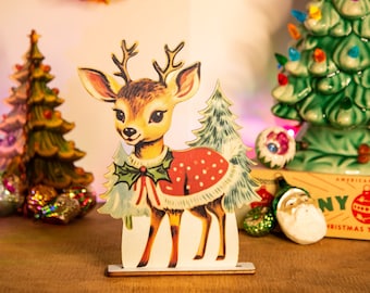 Retro kersthertendecoratie houten ornament, vakantiedecor, kerstdecor lasergesneden unieke kerst