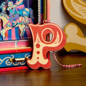 Wooden Circus Initial Christmas Decoration, personalised, vintage, funfair, retro, letter, carnival, laser cut unique halloween