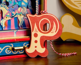 Wooden Circus Initial Christmas Decoration, personalised, vintage, funfair, retro, letter, carnival, laser cut unique halloween