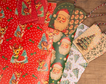 Christmas Gift wrap Mixed pack Vintage Deer , santa, kitsch, trees handmade