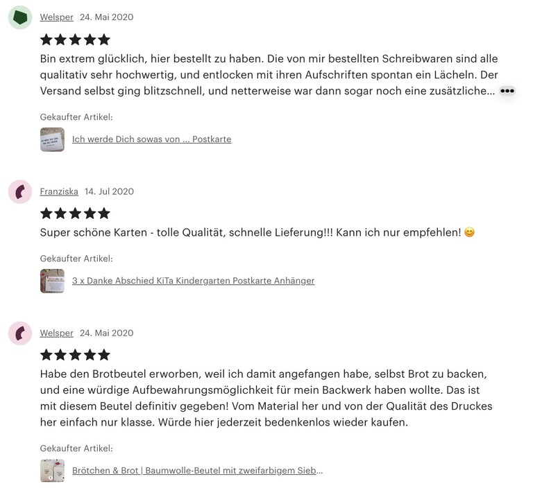 May include: Three customer reviews for a shop on Etsy. The reviews are positive and include a five-star rating. The first review is for stationery, the second is for greeting cards, and the third is for a bread bag.
