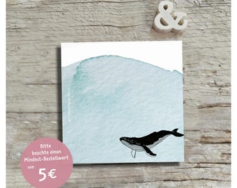 May include: A square card featuring a watercolor-style light blue wash across the top and a black line drawing of a humpback whale at the bottom. The card includes a small white ampersand symbol placed separately above the main card design.