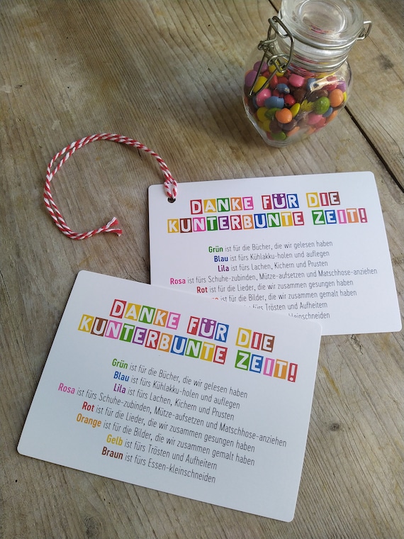 KiTa Danke Dankeschön Abschied Karte Tagesmutter Kindergarten Abschiedsgeschenk bunt Schokolinsen B-Qualität