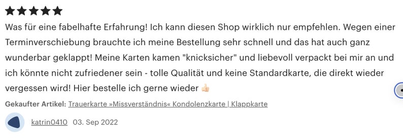 May include: A customer review with five stars, written in German. The review praises the shop's quality and service, mentioning fast delivery and careful packaging. The review is dated September 3, 2022.