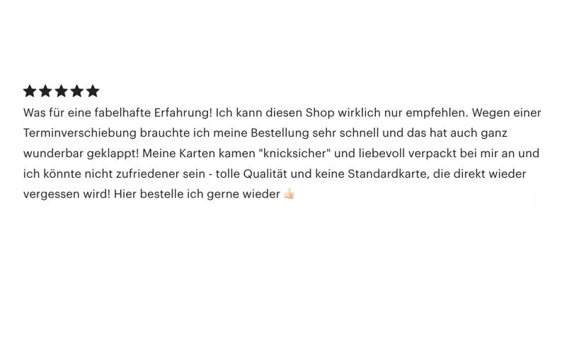 May include: Five star review in German praising a shop for fast shipping and careful packaging. The review mentions the order arrived quickly and the cards were well-protected. The reviewer is happy with the quality and says they will order again.