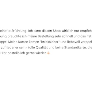 May include: Five star review in German praising a shop for fast shipping and careful packaging. The review mentions the order arrived quickly and the cards were well-protected. The reviewer is happy with the quality and says they will order again.