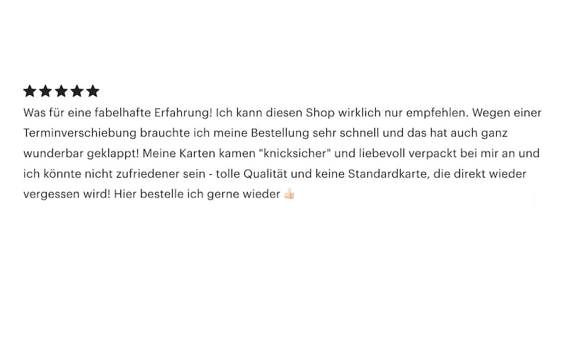 May include: Five star review in German praising a shop for fast shipping and careful packaging. The review mentions the order arrived quickly and the cards were well-protected. The reviewer is happy with the quality and says they will order again.