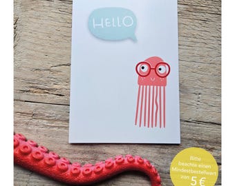 Postkarte Qualle Hello Tier lustig Humor Wasser Grafikdesign Illustration Mehr Brille Sprechblase