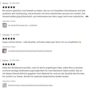 May include: Three customer reviews for a shop on Etsy. The reviews are positive and include a five-star rating. The first review is for stationery, the second is for greeting cards, and the third is for a bread bag.