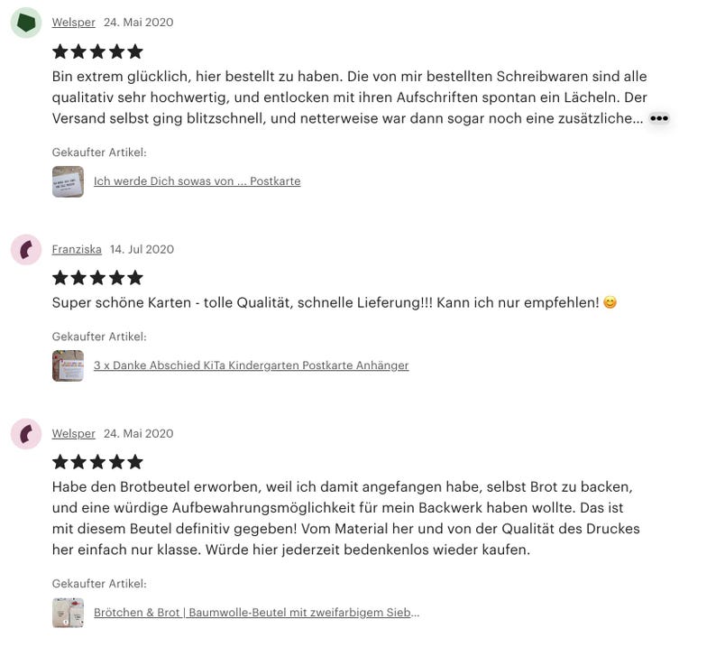 May include: Three customer reviews for a shop on Etsy. The reviews are positive and include a five-star rating. The first review is for stationery, the second is for greeting cards, and the third is for a bread bag.