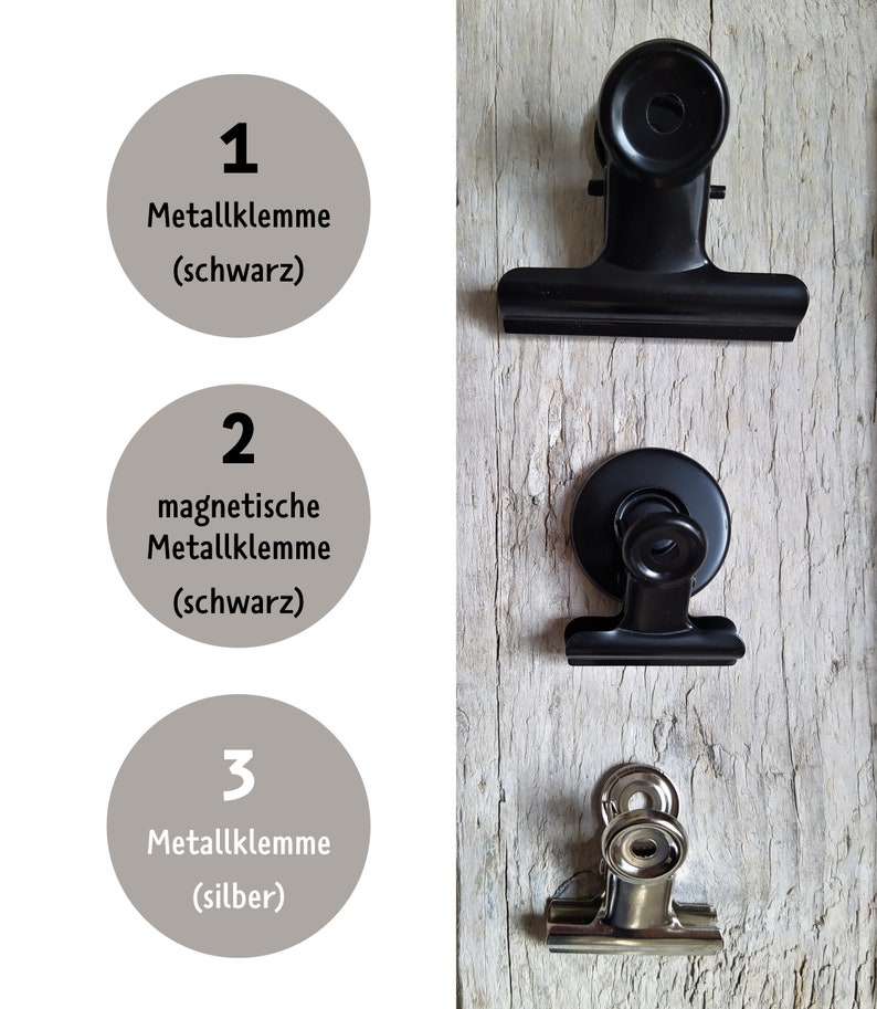May include: Three different types of metal clips. The first is a black metal clip, the second is a black metal clip with a magnet, and the third is a silver metal clip.