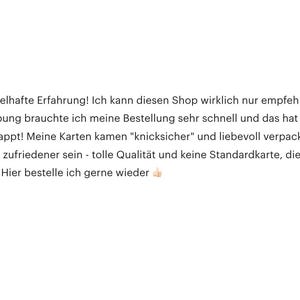 May include: Five star review in German praising a shop for fast shipping and careful packaging. The review mentions the order arrived quickly and the cards were well-protected. The reviewer is happy with the quality and says they will order again.