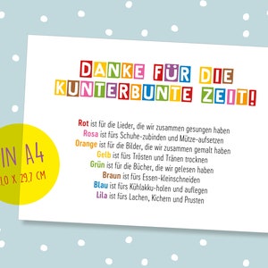 May include: A colorful card with the text "DANKE F&Uuml;R DIE KUNTERBUNTE ZEIT!" and a list of activities represented by different colors. The card is printed on A4 paper, which is 21.0 x 29.7 cm.