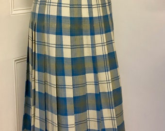 Tartan Blue and Cream Pleated Edinburgh Woollen Mill Vintage Skirt Size 10