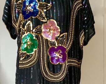 Vintage Evening Top Silk with Sequins and Beads. Size L