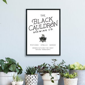 May include: Black and white print with the text "The Black Cauldron Brewing Co." and a cauldron with flames. The text below reads "Potions Spells Hexes Brewed with only the finest natural ingredients."