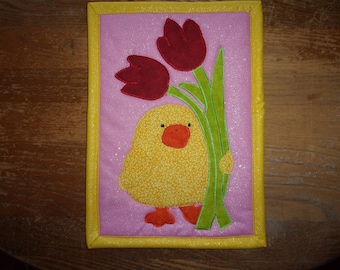 Spring chick and tulip mug rug or pot holder