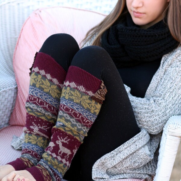 Limited Time Sale Women's Legwarmers - Boho,Christmas, snowflake, Reindeer, Boot Cover, Socks,Gift, Red Button