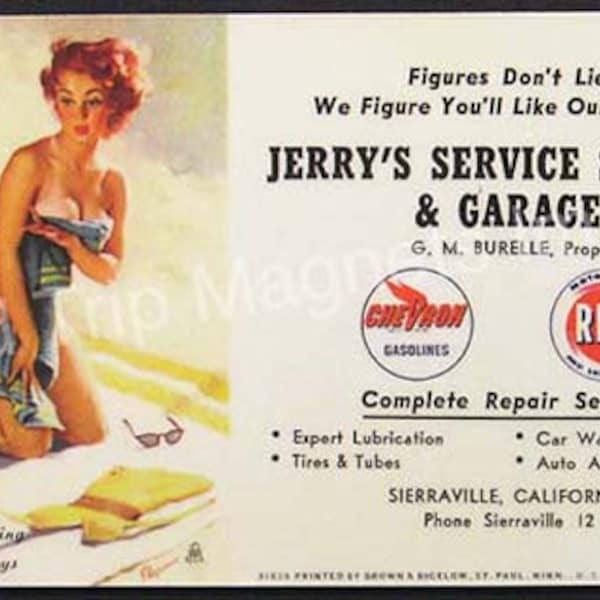 Chevron Gasoline Jerry's Service Station Pin Up Girlie Ink Blotter Magnet Version 3 Elvgren Classic - Exact replica and hand cut as designed