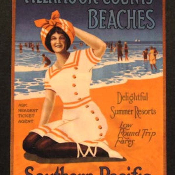 SOUTHERN PACIFIC RAILROAD Tillamook County Beaches Girlie 1920's Travel Poster Magnet. Exact reproduction & hand cut in shape as designed.